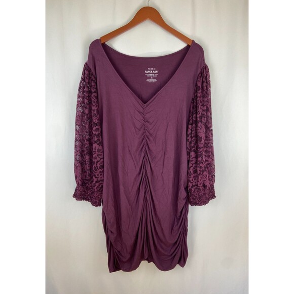 Torrid Super Soft Knit Top Women's 3X Wine Purple Lace Bishop Sleeves Stretchy - Picture 4 of 12